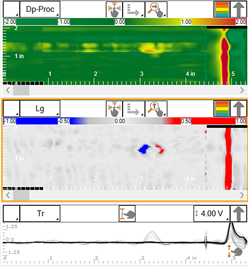 Eddy Current Array Dp-Proc and Lg scan result showing transverse crack detection in weld with signal response at 4V