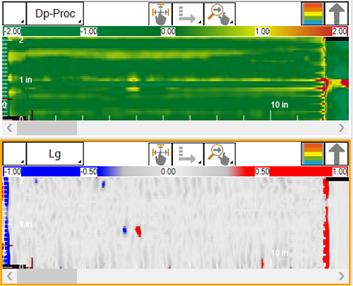 Eddy Current Array C-scan result showing surface crack indications in weld plate using Dp-Proc and Lg analysis views