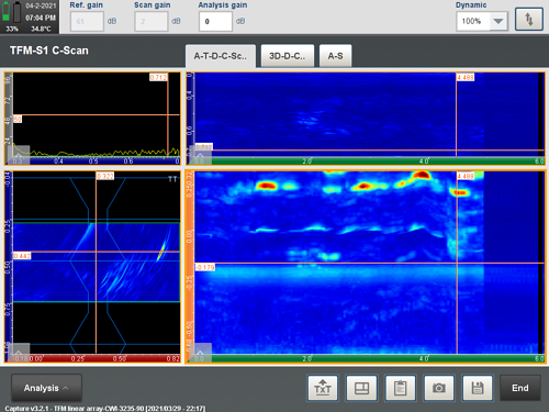 TFM-S1 C-Scan result displaying weld defect visualization and sizing using Total Focusing Method on Eddyfi Capture software