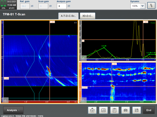 TFM-S1 T-Scan result showing heat affected zone crack detection in weld using Eddyfi Capture software